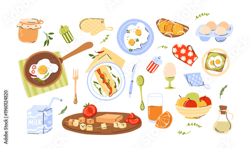 Vector breakfast table set. Fresh food, drinks and cutlery. Cooked, fried, boiled eggs, omelette and vegan sandwiches. Cute illustration collection on white background.