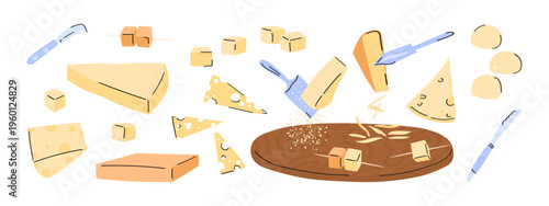 Various delicious cheese set. Charcuterie board. Food sketches set. Vector illustration isolated on white background.