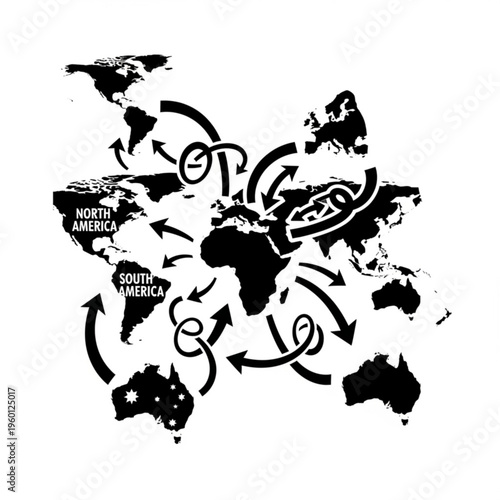 Black silhouette illustration of global migration and travel routes on a world map with arrows