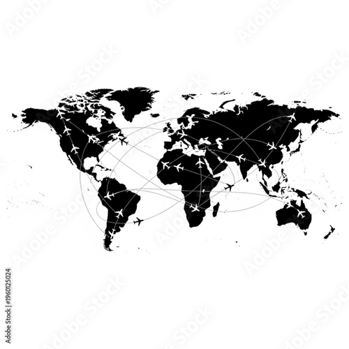 Black silhouette world map with airplanes and flight routes illustration for global travel and transportation concepts.