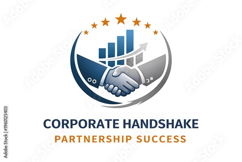 A circular logo featuring two hands shaking in the center, symbolizing a corporate handshake.