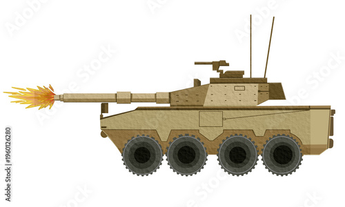 Desert Armored Fighting Vehicle Firing Cannon — Wheeled Armored Car Military Concept Illustration