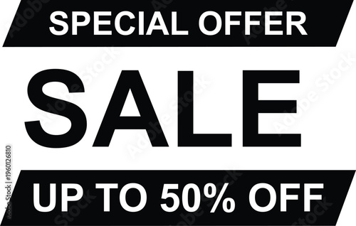 Special offer sale promotional banner with black geometric banners and up to fifty percent discount text on transparent background