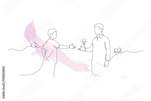 Continuous line drawing of two people exchanging an idea, represented by a lightbulb, with abstract brushstroke background.