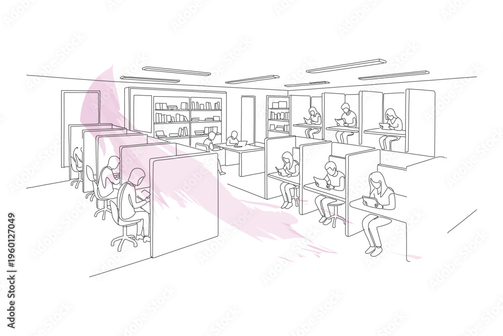 Obraz premium Minimalist Continuous Line Drawing of a Modern Library Interior with Students Studying at Individual Workstations