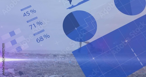 Animation of multiple graphs with database moving over bulldozer unloading garbage at landfill