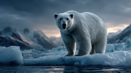 Majestic polar bear on an iceberg in a stark Arctic landscape, conveying wildlife beauty and climate change impact.