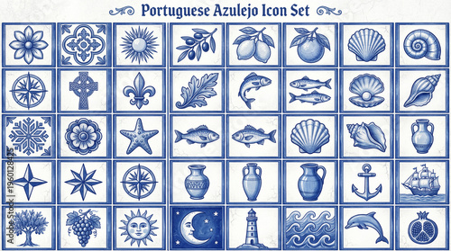 Collection of Portuguese azulejo designs with various patterns and symbols from traditional art