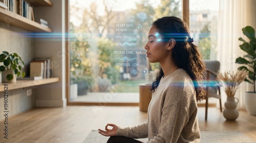 Serene woman meditating in a bright room, focusing on mental health and stress reduction with a futuristic neural interface and data overlay