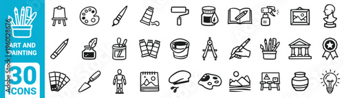 Black and white art and design icon set featuring easels, palettes, brushes, rollers, frames, pencils, quills, spray bottles, bust sculptures, color swatches, and creative studio tools
