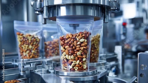 Automated machine sealing pouch of mixed nuts in food factory. Industrial line mechanism packaging snack product for retail market distribution in modern facility.
