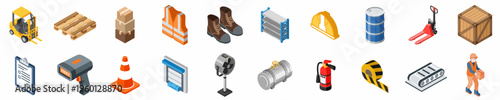 Comprehensive Isometric Icon Set for Warehouse Logistics, Industrial Equipment, and Supply Chain Management featuring Forklift, Worker, Safety Gear, and Storage Solutions.