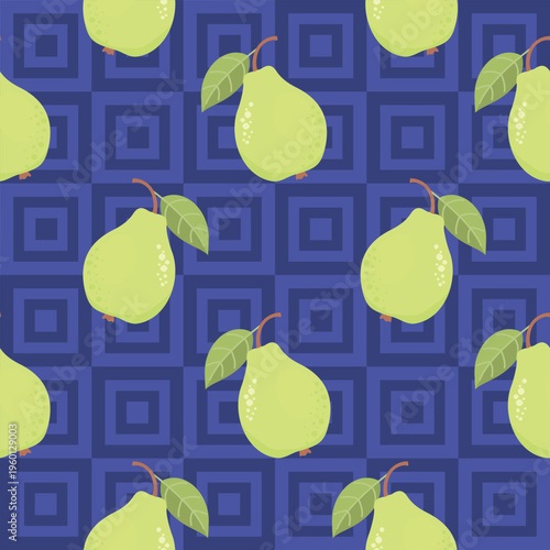 Green pear seamless pattern on geometric blue background. Cartoon fruits with leaves. Organic endless wallpaper for printing on fabric and paper. Vector design for textile, package, wrapping paper.