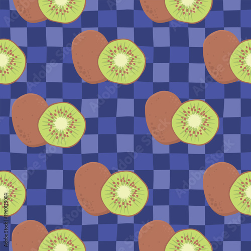 Kiwi fruit seamless pattern on tartan check background. Green and brown colors on blue hand drawn vintage texture. Print on fabric and paper. Vector design for textile, endless wallpaper, package.
