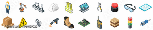 Comprehensive collection of isometric industrial icons featuring factory automation tools, safety equipment, machinery components, and warehouse logistics elements isolated on white background.