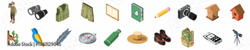 Comprehensive Isometric Icon Set of Bird Watching Equipment and Outdoor Exploration Gear for Nature Enthusiasts