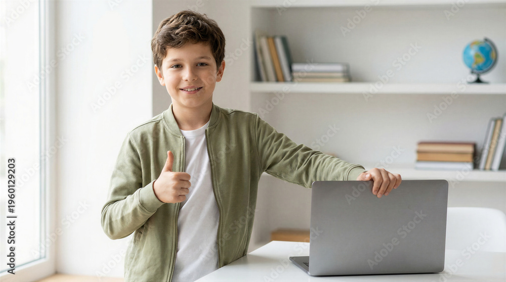 Fototapeta premium Young boy giving a thumbs up gesture while standing next to a laptop on a desk in a bright room