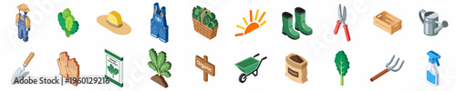 Comprehensive Isometric Collection of Organic Gardening Icons Featuring Kale Farming Tools and Equipment on a White Background