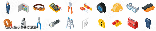 Comprehensive isometric icon set of electrician tools, safety equipment, and electrical components for maintenance and installation services.
