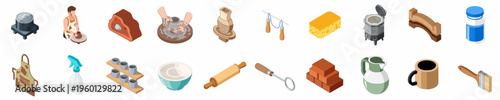 Comprehensive isometric set of pottery equipment, tools, and finished ceramic products, illustrating the artistic process of clay crafting and studio supplies.