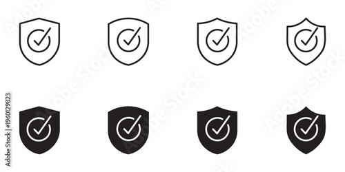 Shield icons with checkmarks. Shield checkmark icon set, security symbol vector.  Shield icon and check mark icon indicating approval.