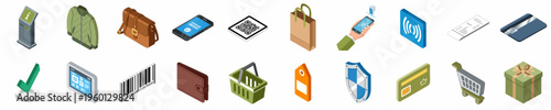 Set of 3D Isometric Shopping and Payment Icons Including Credit Cards, Barcodes, Smartphones, and Retail Items for E-commerce and Retail Design