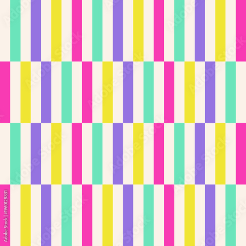 Seamless pattern with vertical pastel stripes in pink, yellow, mint and purple tones arranged in a geometric repeating layout. Bright design ideal for fabric, packaging and modern backgrounds.