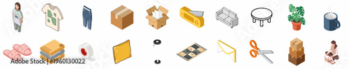 Collection of isometric icons for moving house, home organization, and domestic life including boxes, furniture, clothing, and tools.