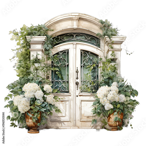 Watercolor white double doors with hydrangea flower urns and archway
