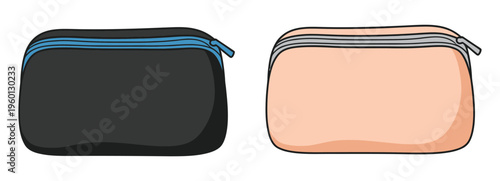 Two cosmetic pouches displayed, one black and one peach, both with zippers, vector illustration for beauty, travel, and personal care design projects