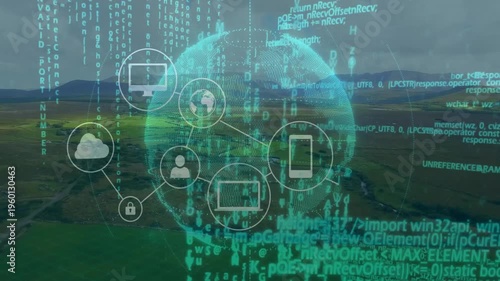 3D holographic globe network overlay gliding over farmland, featuring tech icons and floating code