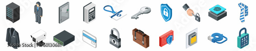 Comprehensive collection of isometric icons representing business, security, technology, and corporate identity on a clean white background.