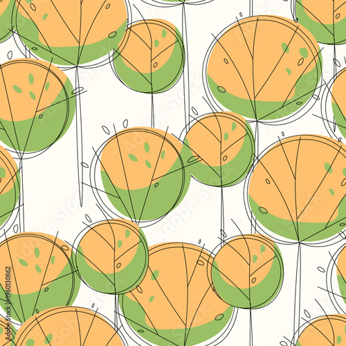 Seamless pattern with trees, plants. Color vector background. Spring, autumn tree for your design. Eco idea concept. Print design for wallpapers, fabric, textile.