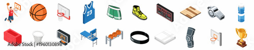 Isometric Basketball Icons and Equipment Set Including Player, Ball, Hoop, Uniform, Scoreboard, and Trophy on White Background