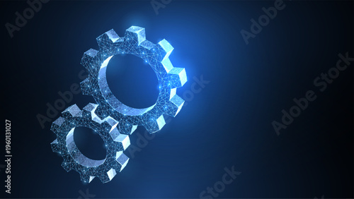 Gears. Abstract vector wireframe two gear 3d modern illustration on dark blue background.