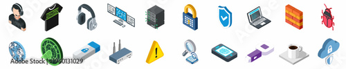 Isometric Cybersecurity and Information Technology Icon Set Featuring Network Security, Data Protection, and Computing Hardware Elements