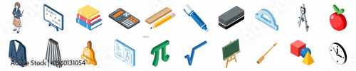 Isometric Education and Math Icons Set Featuring Teacher, Supplies, and Mathematical Symbols on a White Background