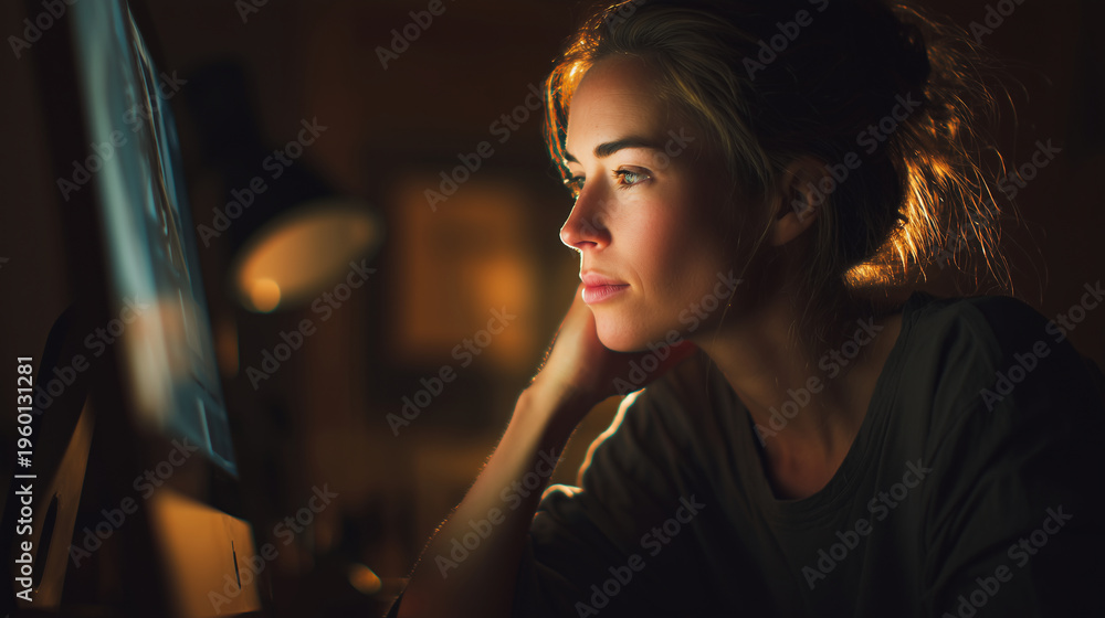 Fototapeta premium Woman editing photos on computer, photorealistic, realistic posture, soft light, copy space, creative workflow concept