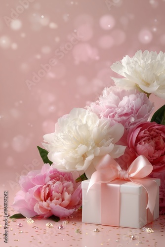 Luxury floral gift mockup with blush ribbon, blooming peonies, and dreamy bokeh-perfect for wedding and Valentine promotions