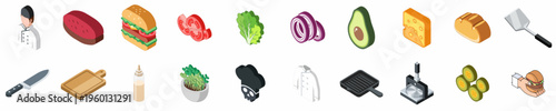 Comprehensive isometric collection of burger ingredients, cooking tools, and professional chef elements for culinary and restaurant design concepts.