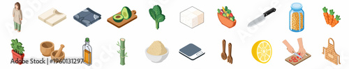 Comprehensive collection of isometric healthy cooking icons including vegan food ingredients, kitchen tools, and culinary preparation elements on a white background.