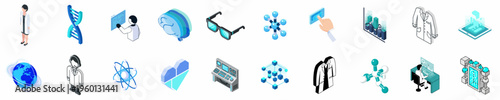 Isometric Science and Medical Research Icons Set featuring Laboratory Equipment, Scientists, Data Visualization, and Molecular Structures for Modern Healthcare and Biotech Concepts.