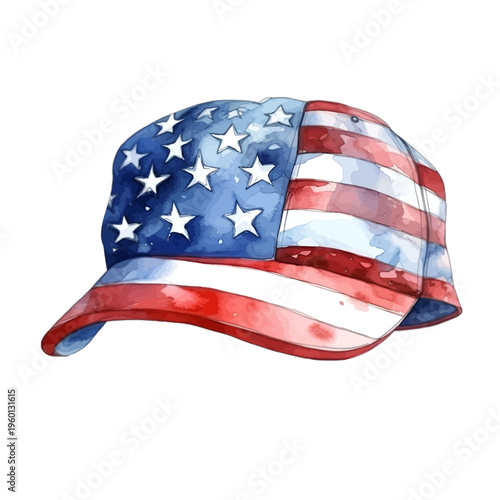 Watercolor Patriotic American Flag Baseball Cap Clipart, Hand Painted Stars and Stripes Hat Illustration Isolated on White for 4th of July Design

