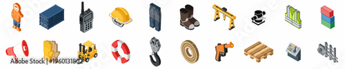 Isometric icon set featuring maritime, port, and logistics equipment including containers, forklifts, safety gear, and industrial tools for shipping and cargo handling.