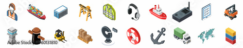 Comprehensive collection of isometric icons representing logistics, maritime transport, port operations, and global shipping infrastructure.