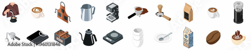 Isometric Collection of Barista Equipment and Coffee Shop Icons Including Espresso Machine, Grinder, Latte Art, and Brewing Tools for Cafe Design.