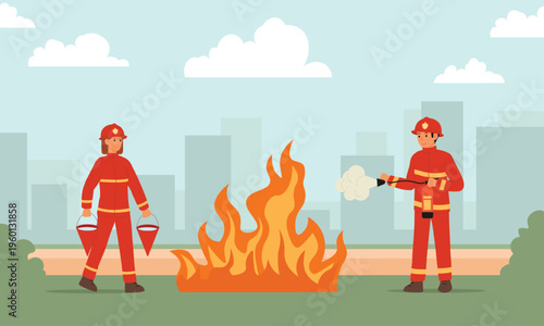 Fire drills in the city. Two firefighters, a man and a woman, in full protective gear, extinguishing a fire. Vector illustration.