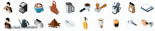 Comprehensive Collection of Isometric Barista Equipment and Coffee Brewing Tools Icons for Cafe and Coffee Shop Design