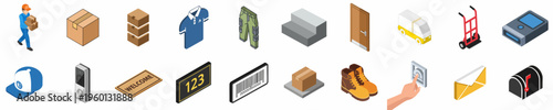 A comprehensive set of 20 isometric icons representing various delivery, logistics, and shipping services, from couriers and boxes to trucks and home delivery equipment.