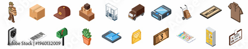 Isometric icons for logistics and delivery services featuring courier, transport vehicles, tracking equipment, packages, and residential delivery elements for commercial shipping concepts.
